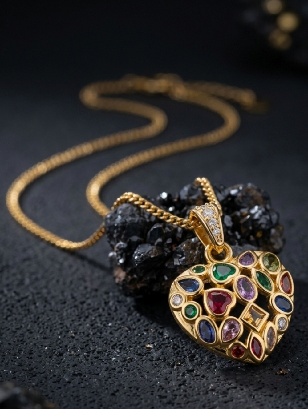 18K Gold Plated Rainbow CZ Heart Pendant Necklace Maximalist Byzantine 16" Gold